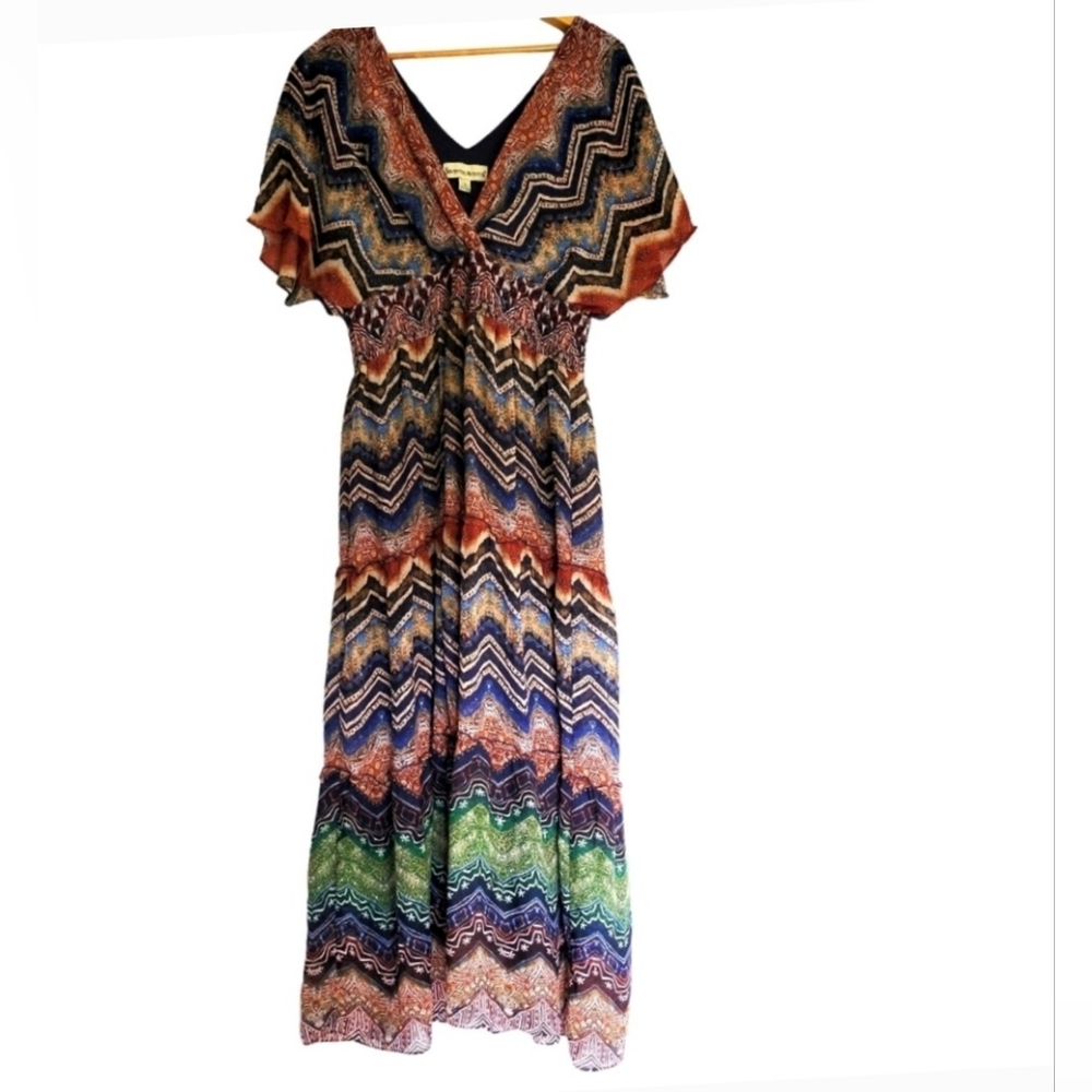 *SOLD*Maxi DRESS Seventh Avenue Multi Color Long, Flowy, Flutter Sleeves Size 16